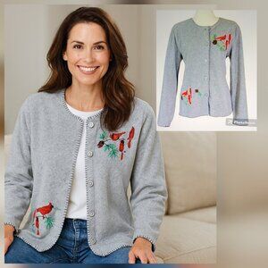 Vintage Embroidered Cardinal Fleece Cardigan Shacket with Blanket Stitching